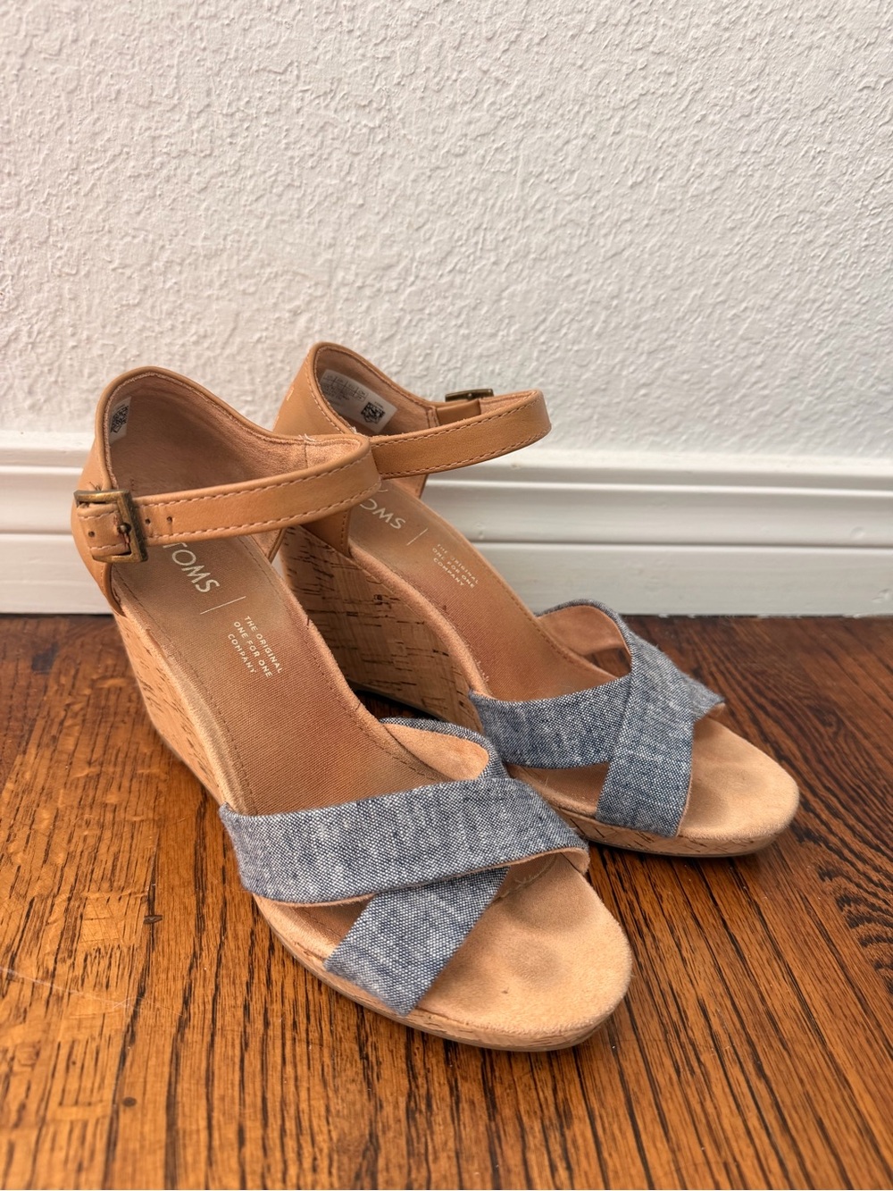 Toms Blue Chambray and Tan Wedge Sandals